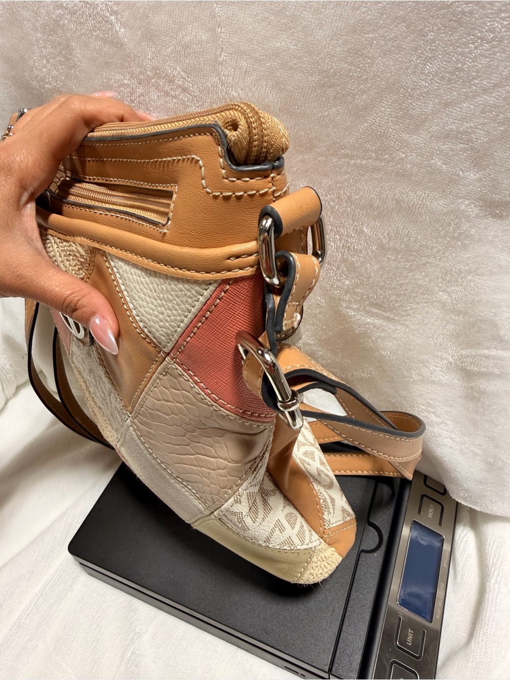 Gianni Bini Patchwork Crossbody in Peach, Cream & Tan - Picture 7 of 12